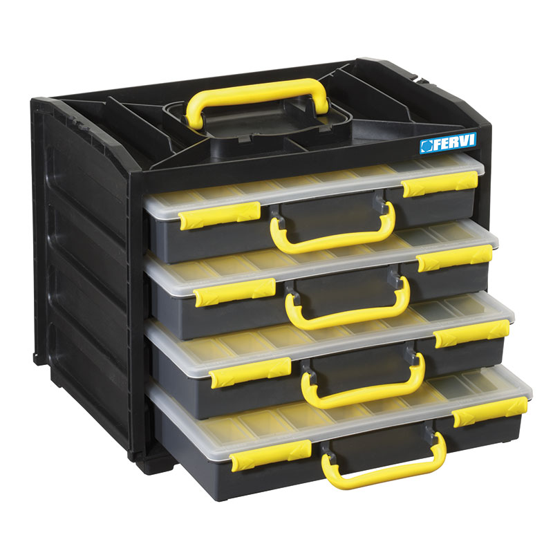 RACK WITH 4 PLASTIC TOOL ORGANIZER BOXES - C313